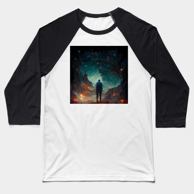 Man Staring at the Universe- best selling Baseball T-Shirt by bayamba